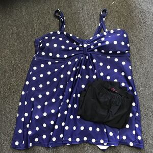 Avid love Blue White Polka Dot Removable Pads Tankini Swim Top Black Shorts Set